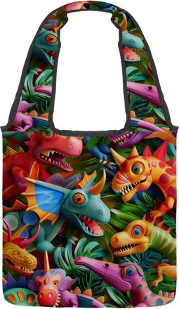 Generic Cute Cartoon Dinosaurs Reversible Canvas Shoulder Tote - Double-Sided Print, 12oz Cotton, 27cm Drop, Fold-Flat Bag for Travel, Shopping, Street Outing