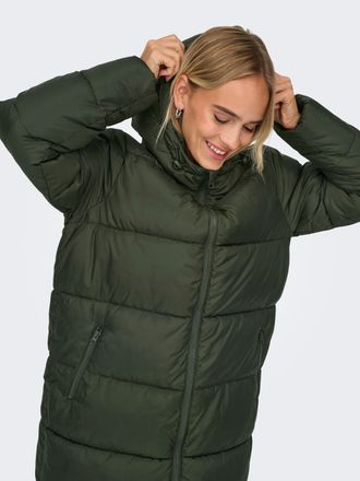 Only Steppmantel ONLY ONLMONTANA LONG PUFFER JACKET NOOS OTW, Damen, Gr. XS, gr&uuml;n (forest night), Steppware, Obermaterial: 100% Polyester, leicht gl&auml;nzend,