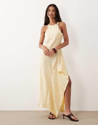 Asos Vestito midi in raso color latticello con scollo a vogatore e volant laterali-Multi