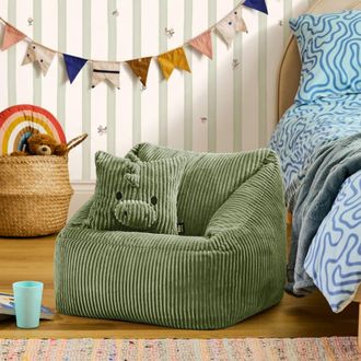 Icon Brand Puf sill&oacute;n infantil de pana verde salvia con coj&iacute;n de dinosaurio