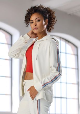 H.I.S Kapuzensweatjacke H.I.S, Damen, Gr. XL (48/50), ecru, Interlock, Obermaterial: 100% Baumwolle, unifarben mit Farbeinsatz, bequem h&uuml;ftlang, Rippb&uuml;ndche