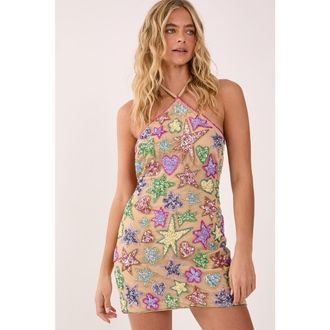 NASTY GAL Embellished Halter Neck Mini Dress in Nude at Nordstrom, Size 10