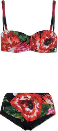 Dolce & Gabbana Tweedelig badpak met bloemenmotief - Dames - Bikinis - Rood - L - Tweed - Badmode