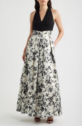 Julia Jordan Print Pleated Sleeveless Gown in Black Multi at Nordstrom, Size 14