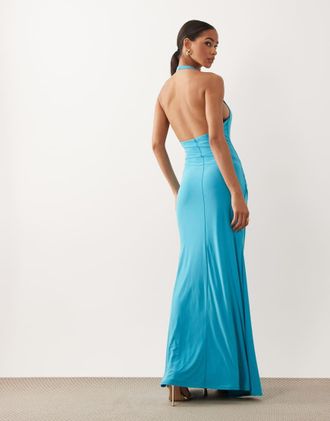 Asos Vestito lungo accollato sinuoso turchese con drappeggio con dettaglio in metallo-Blu