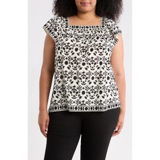 Max Studio Square Neck Flutter Sleeve Top in Cream/Black Stitch Floral at Nordstrom Rack, Size 3 X