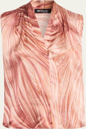 Kiton Feather-Print Silk Sleeveless Blouse