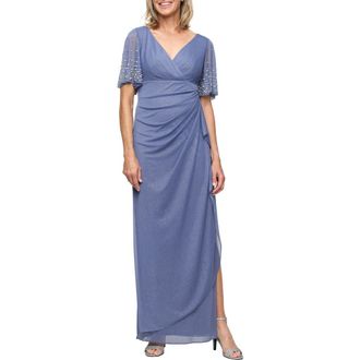 Alex Evenings Imitation Pearl Detail Metallic Gown in Dusty Blue at Nordstrom, Size 10