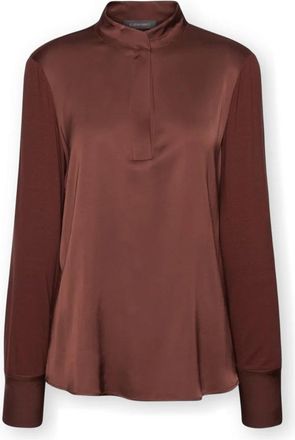 Elena Miro Viscose T-shirt met mandarijnkraag - Dames - Blouses - Bruin - XL - Satijn - Overhemden