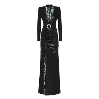 Philipp Plein Kleedjes, Dames, Zwart, S, Leer, Jersey Long Dress LS Lining Flame