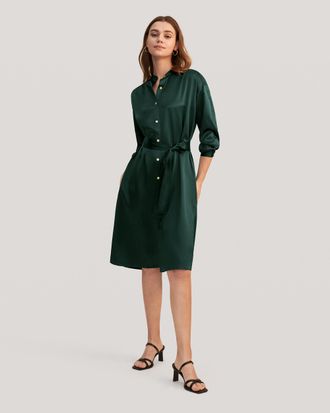 LilySilk Belted Shirred Silk Shirt Dress for Women