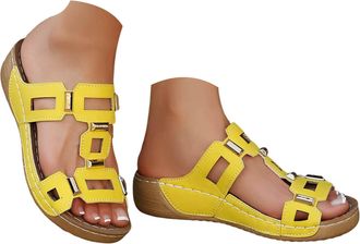 Generic Wedge Sandals For Women Open Toe Hollow Out Summer Sandals Fashion Metal Embellishments Casual Beach Walking Slippers 2026 Cute Summer Shoes (Yellow, 