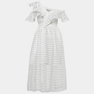 Self Portrait White Guipure Lace One Shoulder Midi Dress