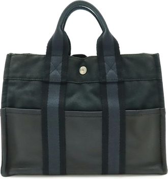 Herm&egrave;s Black Navy Canvas Leather Handbag Tote Bag (Pre-Owned)