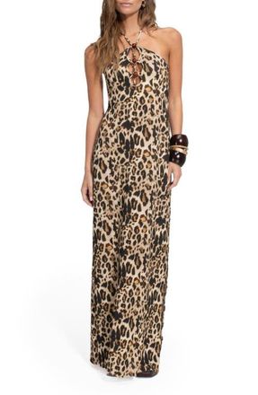 Agua Bendita Elise Print Keyhole Halter Cover-Up Maxi Dress in Leopard at Nordstrom, Size Medium