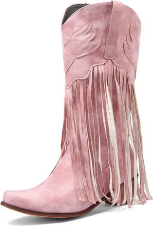 Generic Womens Block Heel Knee High Boots Square Toe PU Leather Tassel Boots Pull on Western Cowboy Boot,Pink,5.5 UK