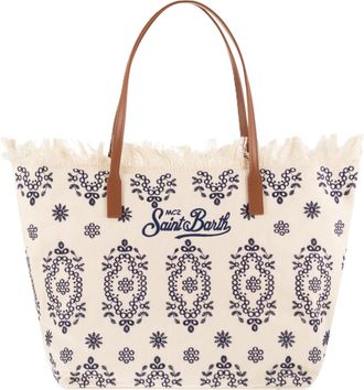 MC2 Saint Barth Spacious Cream Tote Bag with Navy Embroidery