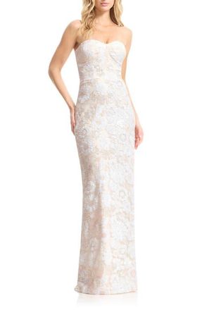 Dress The Population Vada Sequin Floral Strapless Column Gown in Off White Multi at Nordstrom, Size Xx-Large