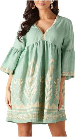 Greek Archaic Kori Dames, Jurken, Groen, Maat: XS Linnen