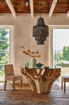Terrain Glass Top Teak Root Round Dining Table