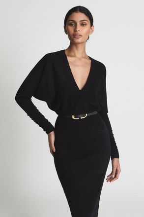 Reiss Pt - Black Jenna Petite Cashmere Blend Ruched Sleeve Dress