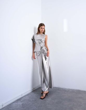 Topshop Gonna midi argento metallizzata con nodo