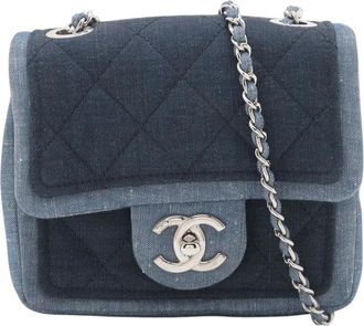 Chanel Borsa a tracolla mini squadrata in denim trapuntato bicolore con medaglione 2014 - Blu
