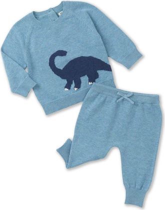 Hatley Dinosaur Cotton Crewneck Sweater & Sweater Knit Joggers Set in Turquoise at Nordstrom, Size 12-18M