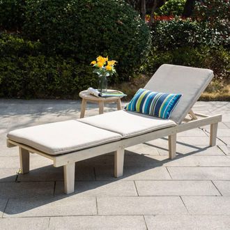 Direct Wicker Acacia Wood 5-Position Adjustable Lounge with Side Table in Cream | Size: 2 Pack