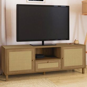 IDMarket Mueble TV vintage HANAE 140 cm con 3 puertas de caña efecto natural