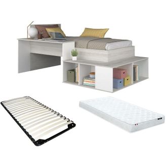 Vente-Unique Vente-unique - Letto combinato con vani portaoggetti e Scrivania 90 x 200 cm Naturale e Bianco + Reti + Materasso - rigali