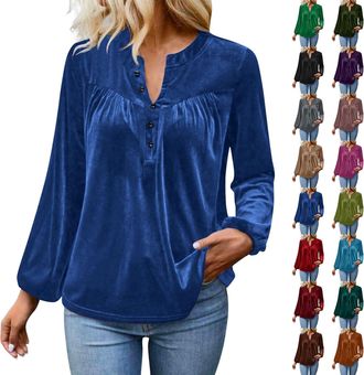 Generic Velvet Tops for Women Elegant Button Down Blouse Casual Long Sleeve Shirts Puff Pleated Tops Ladies Slim Fit Comfortable Blouses Autumn Clothes Brown