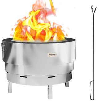 OUTSUNNY Round Fire Pit With Grill Net - Stainless Steel Firepit - Silver | TJ Hughes