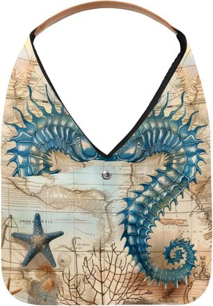 Generic Blue Seahorse and Map Reusable Lightweight Grocery Bags - Foldable Into Compact Pouch, Washable & Sturdy, Multipurpose for Shopping and Travel