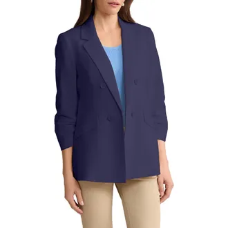 Jones New York Scrunch Sleeve Faux Double Breasted Linen Jacket in Pacific Navy at Nordstrom, Size X-Small