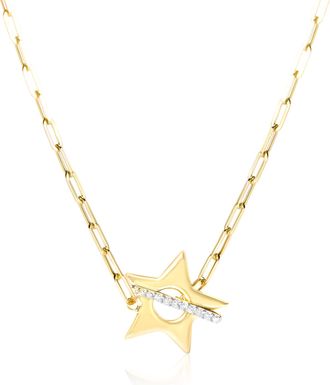 House of Brilliance 18K Yellow Gold Plated Sterling Silver Diamond Accent Star Pendant Necklace with Paperclip Chain