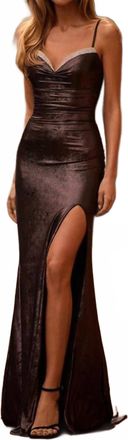 La Femme Metallic Rhinestone Edge Gown In Mocha