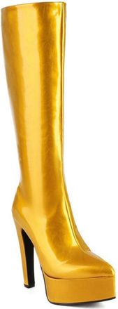Generic Womens Pointed Toe Platform Metallic Knee High Boots Slim Stretch Wide Calf Side Zipper Block Heels Party Catwalk Shoes (5.5,Yellow)