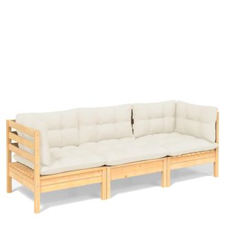 vidaXL Divano Da Giardino A 3 Posti Con Cuscini Crema Massello Di Pino Vidaxl