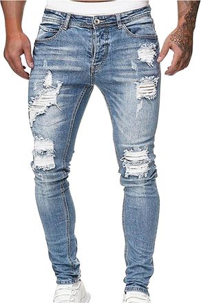 Generic Mens Jeans Ripped Jeans with Pockets Slim Fit Denim Trousers High Stretch Skinny Jean Trouser Vintage Washed Color Bottoms Smart Casual Pants for Men 