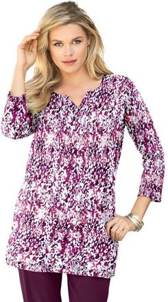 Roaman's Plus Size Three Quarter Sleeve Notch Neck Soft Knit Tunic in Berry Abstract Print at Nordstrom, Size 44