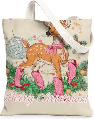 Generic Christmas Deer Canvas Tote Bags, Vintage Holiday Animal Design Reusable Grocery Bags, Lightweight Washable Shoulder Strap C, Beige, 13x15 Inch