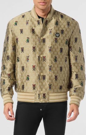 Philipp Plein Bomber in poliestere con stampa monogram all-over e patch logo Hexagon