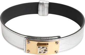 Dolce & Gabbana Textured Leather Gold Tone Metal Neckband - Heren - Riemen - Grijs - ONE Size - Leer - Accessoires
