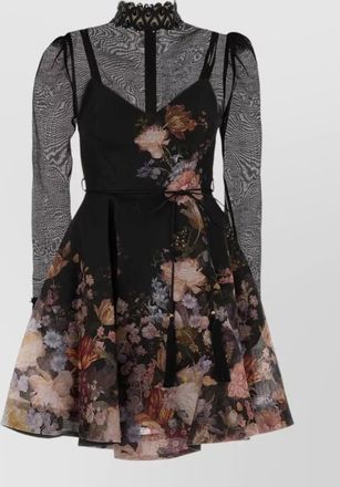 Zimmermann silk linen embellished floral-print high-neck long-sleeve mini dress