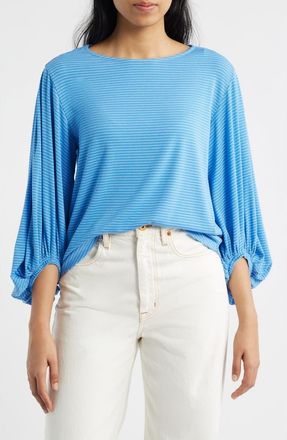 Wit & Wisdom Stripe Balloon Sleeve Knit Top in Mediterranean Blue at Nordstrom, Size X-Large