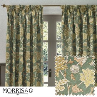 Morris & Co. Cray Floral Velvet Room Darkening Pencil Pleat Curtains in Green | Size: 168 cm width x 229 cm drop