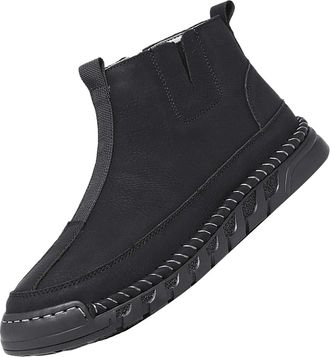 Generic Mens Leather Slip On Boots, Fur Lined Casual Leather Boot High Top Warm Walking Shoes Lightweight Hand Stiching Shoe Soft Bottom Comfy Ankle Footwear 