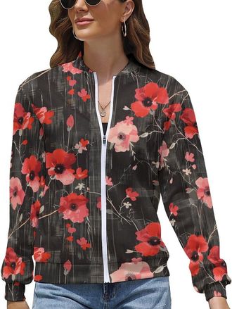 Generic Poppy Flower Black White Checkered Womens Jacket Outdoor Hiking Lightweight Sweatshirt Golf Coat Casual Windbreaker Top L