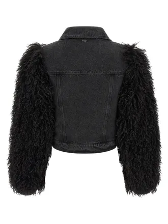Twin-Set Shearling-Sleeve Denim Jacket - Black